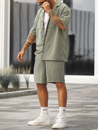 メンズ スポーツウェア 2ピース プリント 半袖 ターンダウンカラー セージ