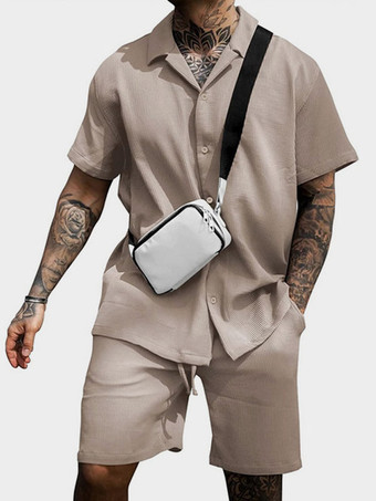 カーキ 男性用 スポーツウェア 2ピース 半袖 ターンダウンカラー ピンク