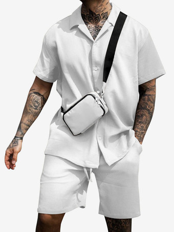 ホワイト 男性用 スポーツウェア 2ピース 半袖 ターンダウンカラー ピンク