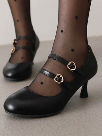甘いロリータ フットウェア ブラック ラウンド トゥ PU レザー ロリータ シューズ