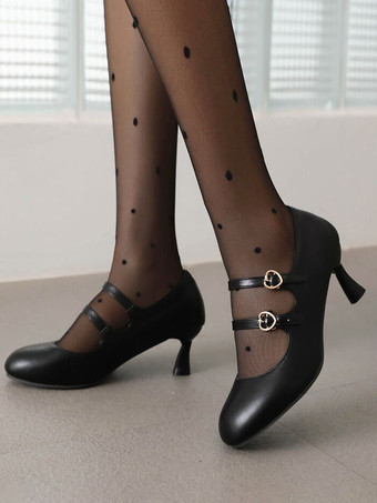 ブラック 甘いロリータ フットウェア ブラック ラウンド トゥ PU レザー ロリータ シューズ