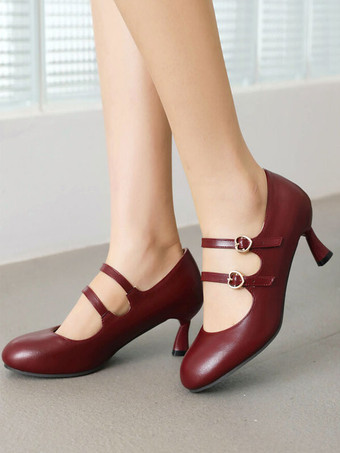ワインレッド 甘いロリータ フットウェア ブラック ラウンド トゥ PU レザー ロリータ シューズ