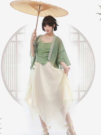 中国風のロリータ衣装グリーン長袖オーバーコートロングスカートトップ