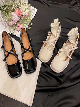 アカデミック ロリータ フットウェア ブラック クリスクロス PU レザー チャンキー ヒール ロリータ パンプス