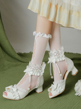 ホワイト ROCOCO スタイル ロリータ サンダル ホワイト フリル パール PU レザー ピープトウ ロリータ サマー シューズ