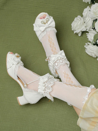 ROCOCO スタイル ロリータ サンダル ホワイト フリル パール PU レザー ピープトウ ロリータ サマー シューズ