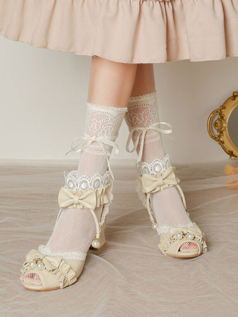 アイボリー ROCOCO スタイル ロリータ サンダル ホワイト フリル パール PU レザー ピープトウ ロリータ サマー シューズ