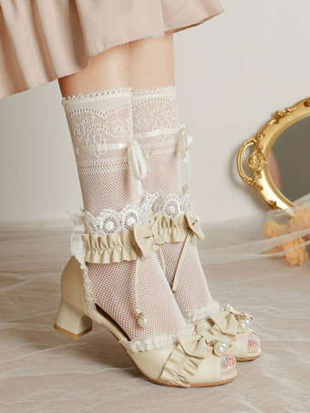 ROCOCO スタイル ロリータ サンダル ホワイト フリル パール PU レザー ピープトウ ロリータ サマー シューズ