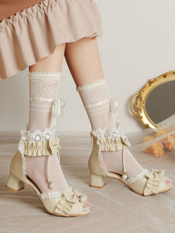 ROCOCO スタイル ロリータ サンダル ホワイト フリル パール PU レザー ピープトウ ロリータ サマー シューズ