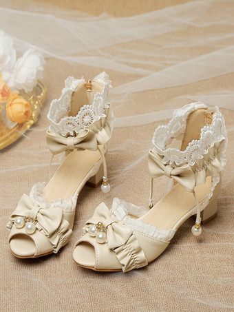 ROCOCO スタイル ロリータ サンダル ホワイト フリル パール PU レザー ピープトウ ロリータ サマー シューズ