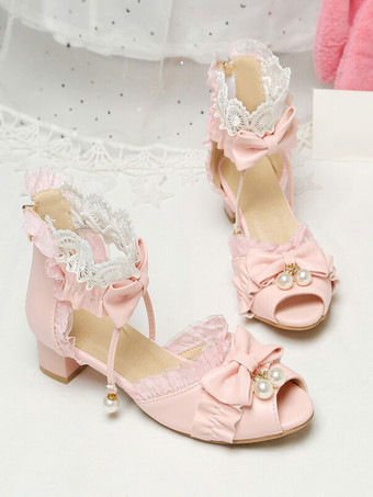 ROCOCO スタイル ロリータ サンダル ホワイト フリル パール PU レザー ピープトウ ロリータ サマー シューズ