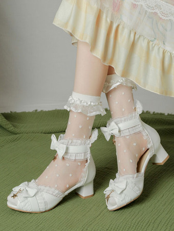 ロココ スタイル ロリータ サンダル ホワイト ボウ レース スター プリント PU レザー ピープトウ ロリータ サマー シューズ