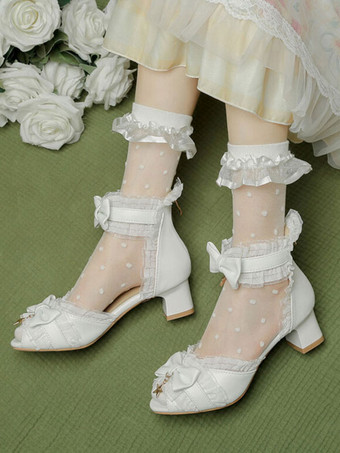 ロココ スタイル ロリータ サンダル ホワイト ボウ レース スター プリント PU レザー ピープトウ ロリータ サマー シューズ