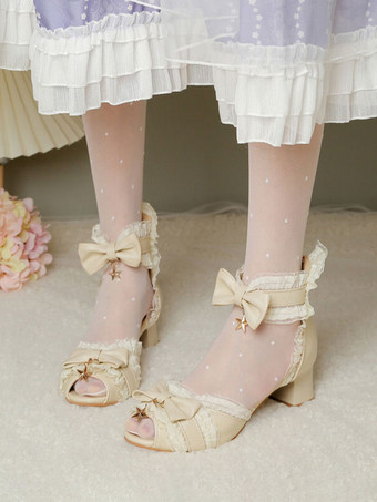 アイボリー ロココ スタイル ロリータ サンダル ホワイト ボウ レース スター プリント PU レザー ピープトウ ロリータ サマー シューズ