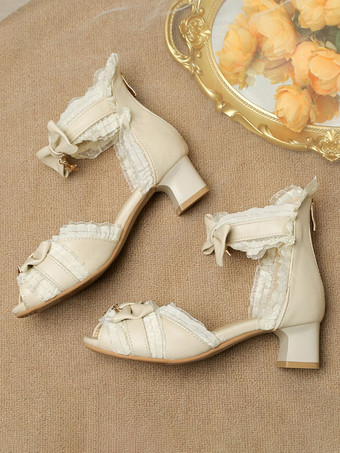 ロココ スタイル ロリータ サンダル ホワイト ボウ レース スター プリント PU レザー ピープトウ ロリータ サマー シューズ