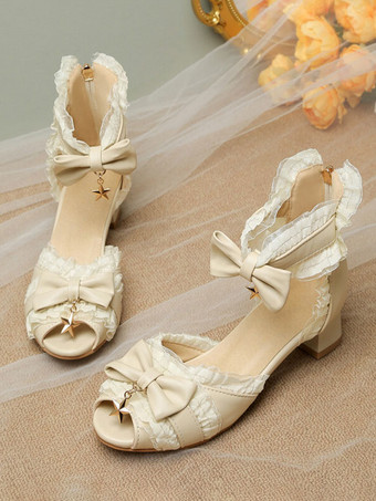 ロココ スタイル ロリータ サンダル ホワイト ボウ レース スター プリント PU レザー ピープトウ ロリータ サマー シューズ