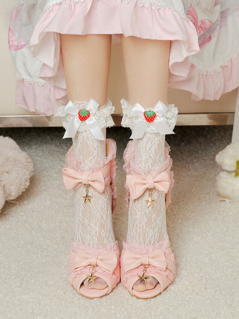 ピンクロココ スタイル ロリータ サンダル ホワイト ボウ レース スター プリント PU レザー ピープトウ ロリータ サマー シューズ