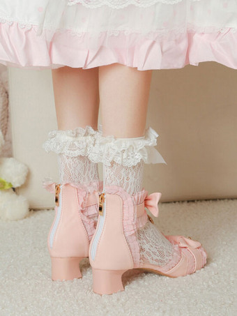 ロココ スタイル ロリータ サンダル ホワイト ボウ レース スター プリント PU レザー ピープトウ ロリータ サマー シューズ