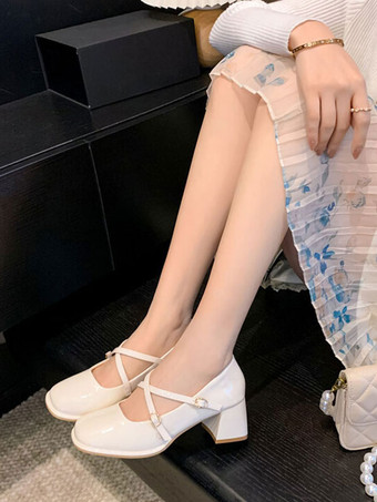 アイボリー アカデミック ロリータ フットウェア ブラック クリスクロス PU レザー チャンキー ヒール ロリータ パンプス