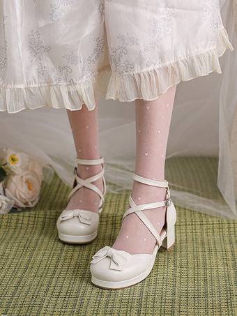 アイボリー アカデミック ロリータ サンダル リボン ラウンド トゥ PU レザー ブラック ロリータ サマー シューズ