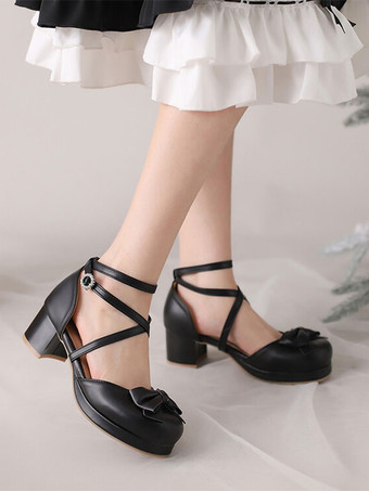 アカデミック ロリータ サンダル リボン ラウンド トゥ PU レザー ブラック ロリータ サマー シューズ