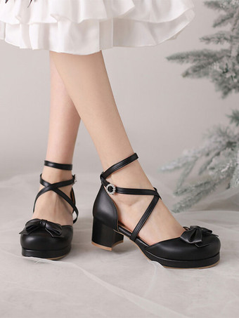 アカデミック ロリータ サンダル リボン ラウンド トゥ PU レザー ブラック ロリータ サマー シューズ