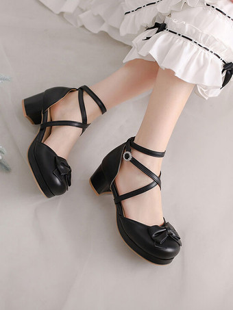 アカデミック ロリータ サンダル リボン ラウンド トゥ PU レザー ブラック ロリータ サマー シューズ