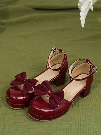 ワインレッド アカデミック ロリータ サンダル リボン ラウンド トゥ PU レザー ブルゴーニュ ロリータ サマー シューズ