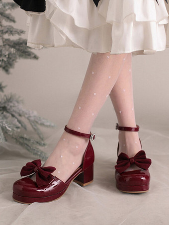 アカデミック ロリータ サンダル リボン ラウンド トゥ PU レザー ブルゴーニュ ロリータ サマー シューズ