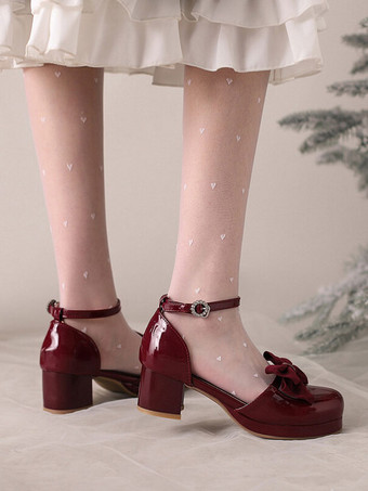 アカデミック ロリータ サンダル リボン ラウンド トゥ PU レザー ブルゴーニュ ロリータ サマー シューズ
