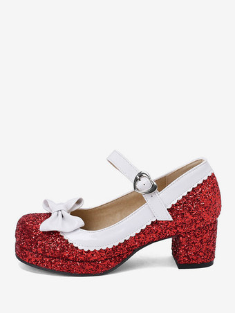 レッド 甘いロリータ フットウェア シルバー リボン スパンコール ラウンド トゥ PU レザー ロリータ シューズ