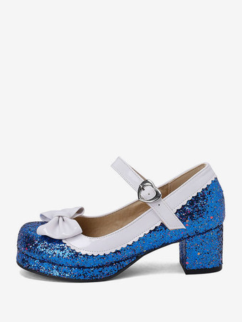 ブルー 甘いロリータ フットウェア シルバー リボン スパンコール ラウンド トゥ PU レザー ロリータ シューズ