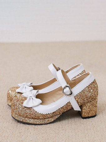 甘いロリータ フットウェア シルバー リボン スパンコール ラウンド トゥ PU レザー ロリータ シューズ