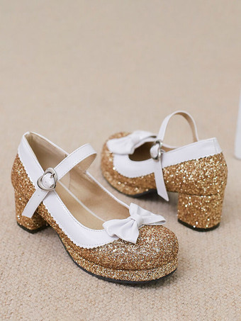 甘いロリータ フットウェア シルバー リボン スパンコール ラウンド トゥ PU レザー ロリータ シューズ