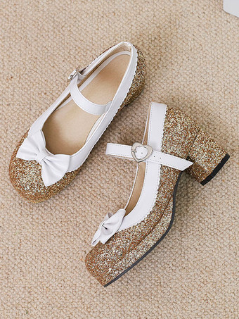 甘いロリータ フットウェア シルバー リボン スパンコール ラウンド トゥ PU レザー ロリータ シューズ