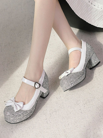 シルバー 甘いロリータ フットウェア シルバー リボン スパンコール ラウンド トゥ PU レザー ロリータ シューズ