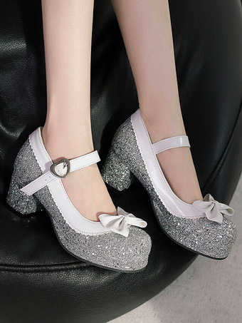 甘いロリータ フットウェア シルバー リボン スパンコール ラウンド トゥ PU レザー ロリータ シューズ
