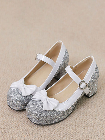 甘いロリータ フットウェア シルバー リボン スパンコール ラウンド トゥ PU レザー ロリータ シューズ