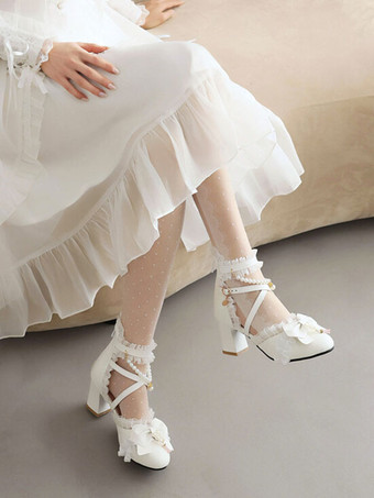 甘いロリータ サンダル ボウ パール フリル ラウンド トゥ PU レザー ホワイト ロリータ サマー シューズ
