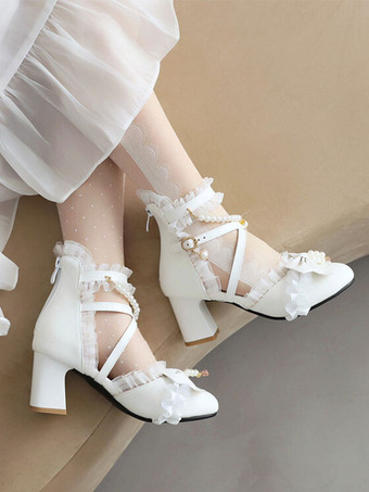 甘いロリータ サンダル ボウ パール フリル ラウンド トゥ PU レザー ホワイト ロリータ サマー シューズ