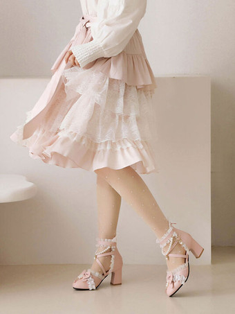 甘いロリータ サンダル ボウ パール フリル ラウンド トゥ PU レザー ホワイト ロリータ サマー シューズ