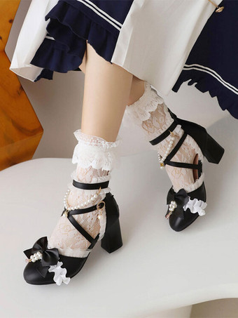 甘いロリータ サンダル ボウ パール フリル ラウンド トゥ PU レザー ホワイト ロリータ サマー シューズ