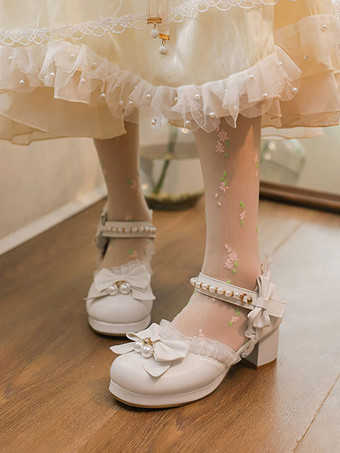 ホワイト 甘いロリータ サンダル フリル パール弓ラウンド トゥ PU レザー ピンク ロリータ サマー シューズ