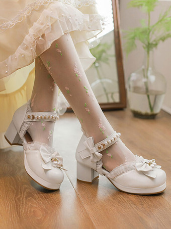 甘いロリータ サンダル フリル パール弓ラウンド トゥ PU レザー ピンク ロリータ サマー シューズ