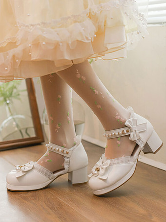 甘いロリータ サンダル フリル パール弓ラウンド トゥ PU レザー ピンク ロリータ サマー シューズ