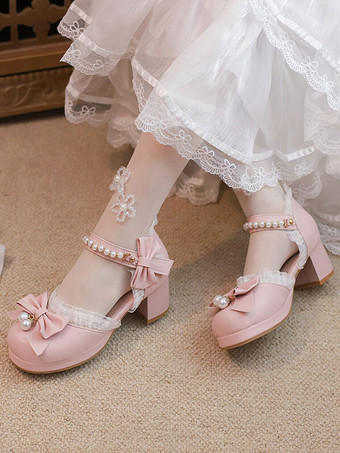 甘いロリータ サンダル フリル パール弓ラウンド トゥ PU レザー ピンク ロリータ サマー シューズ