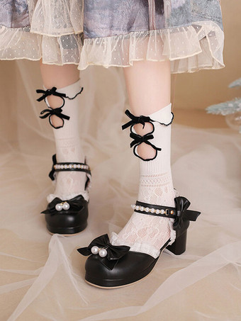 ブラック 甘いロリータ サンダル フリル パール弓ラウンド トゥ PU レザー ピンク ロリータ サマー シューズ