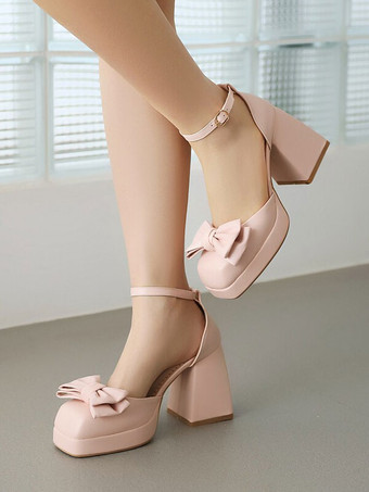 ピンク甘いロリータ サンダル弓ラウンド トゥ PU レザー ブラック ロリータ サマー シューズ