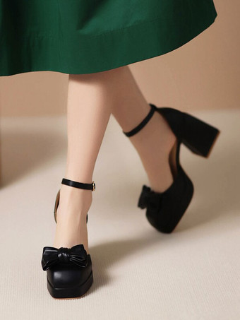 ブラック 甘いロリータ サンダル弓ラウンド トゥ PU レザー ブラック ロリータ サマー シューズ