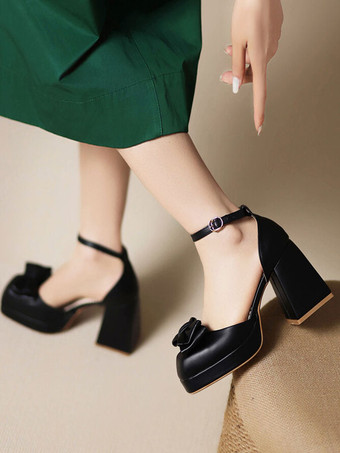 甘いロリータ サンダル弓ラウンド トゥ PU レザー ブラック ロリータ サマー シューズ